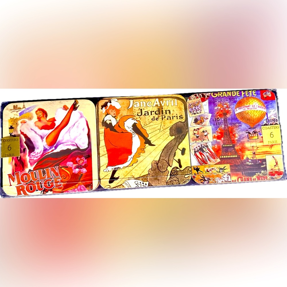 Set of 6 Coasters w/sites of Eiffel Tower &Moulin Rouge in Paris-Never Used